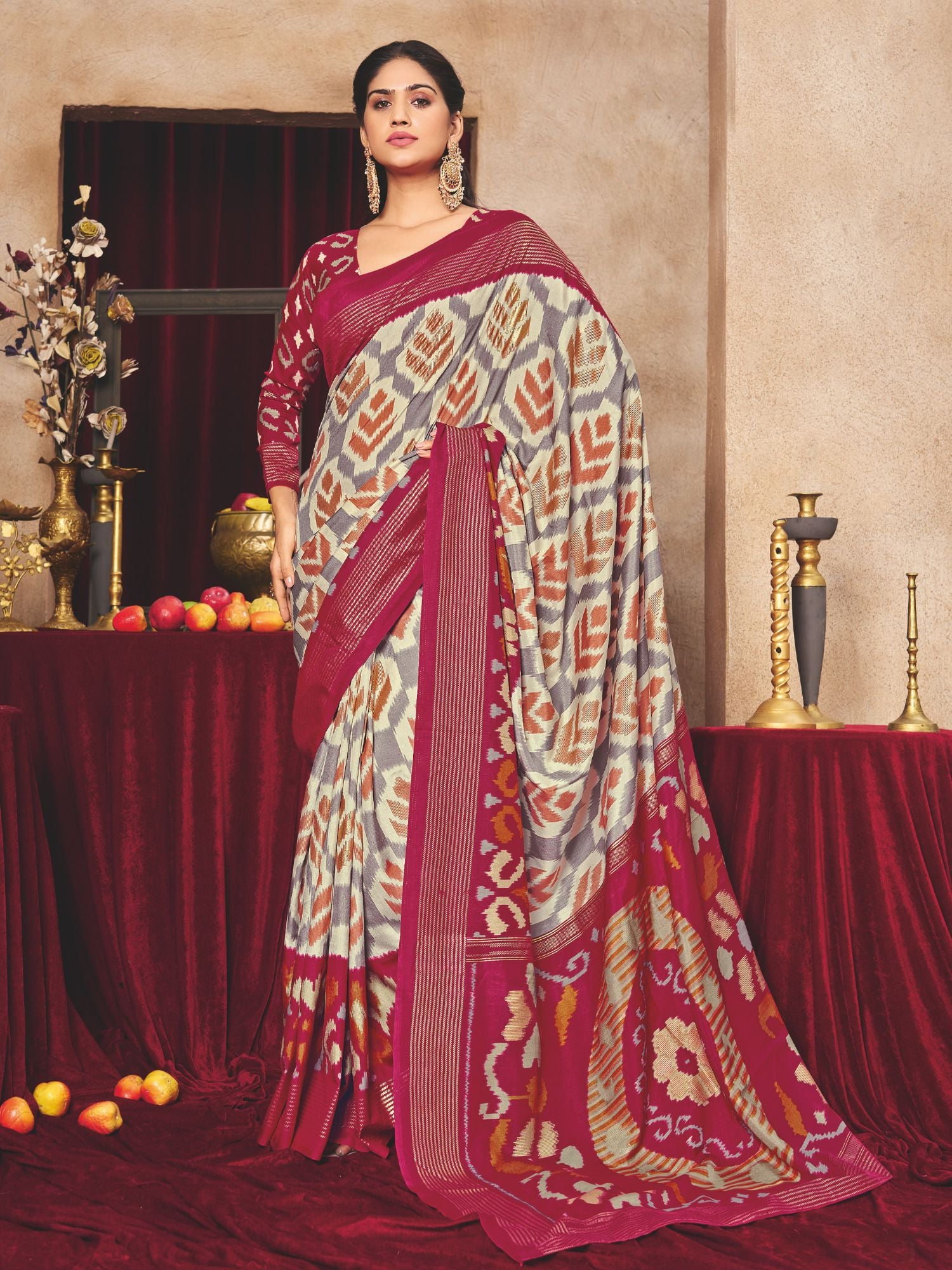 Maroon Ikat Printed Tussar Silk Saree