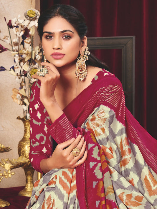 Maroon Ikat Printed Tussar Silk Saree