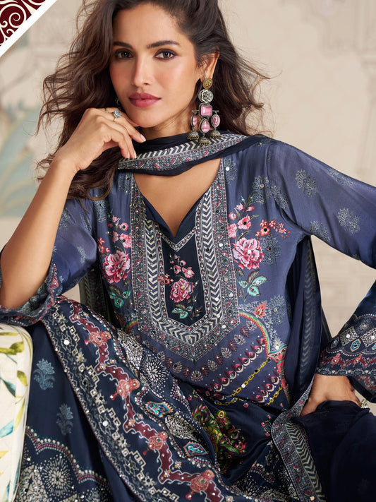 Blue Embroidered Crepe Palazzo Suit