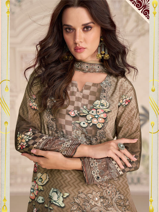 Beige Embroidered Crepe Palazzo Suit