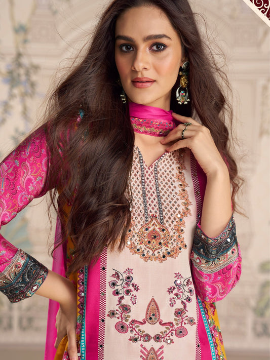 Pink Embroidered Crepe Palazzo Suit