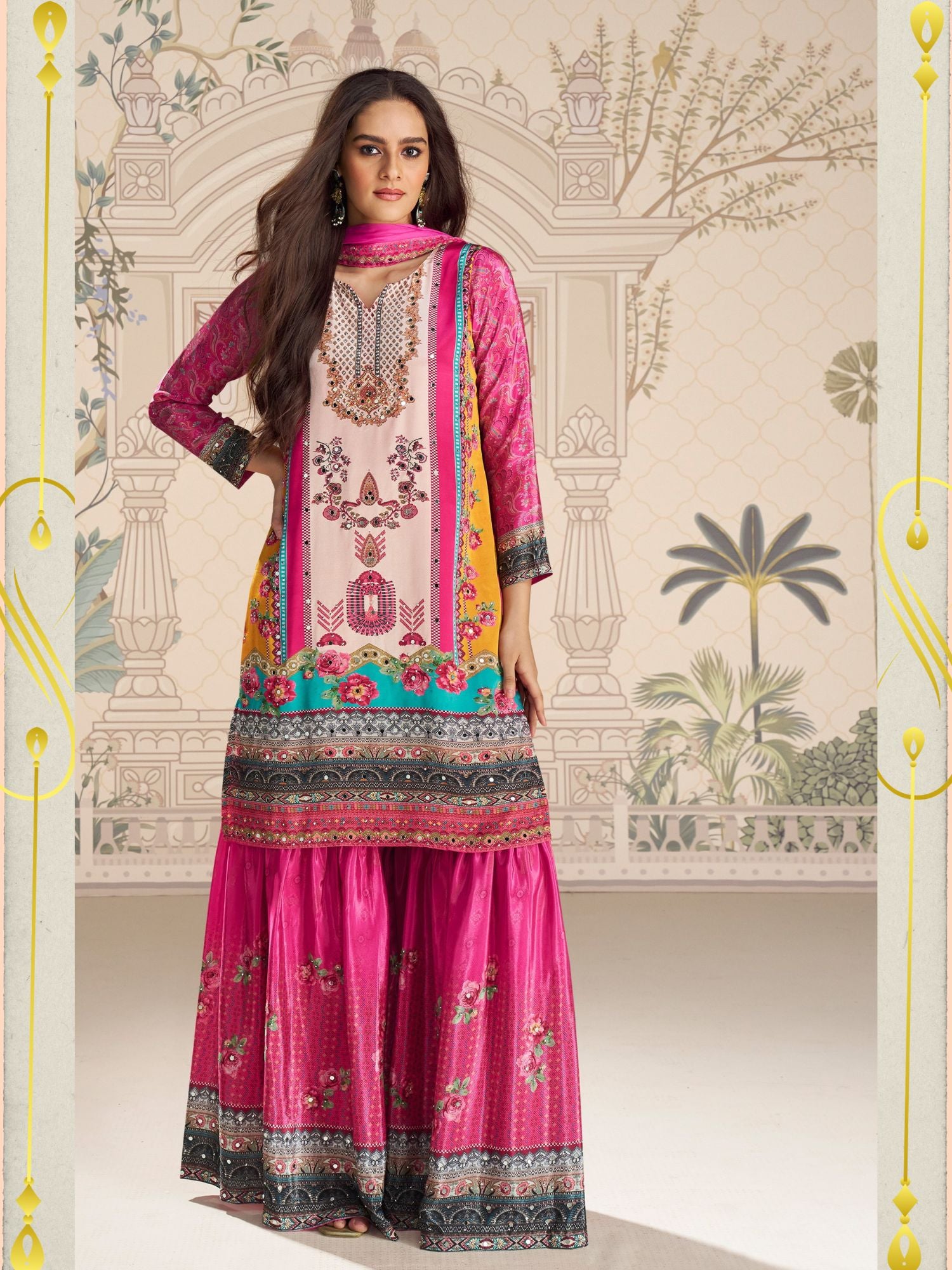 Pink Embroidered Crepe Palazzo Suit