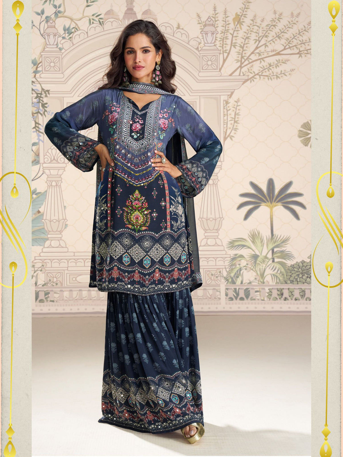Blue Embroidered Crepe Palazzo Suit