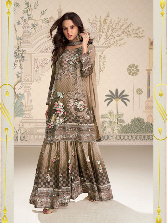 Beige Embroidered Crepe Palazzo Suit