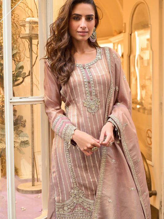 Mauve Embroidered Palazzo Suit In Art Silk