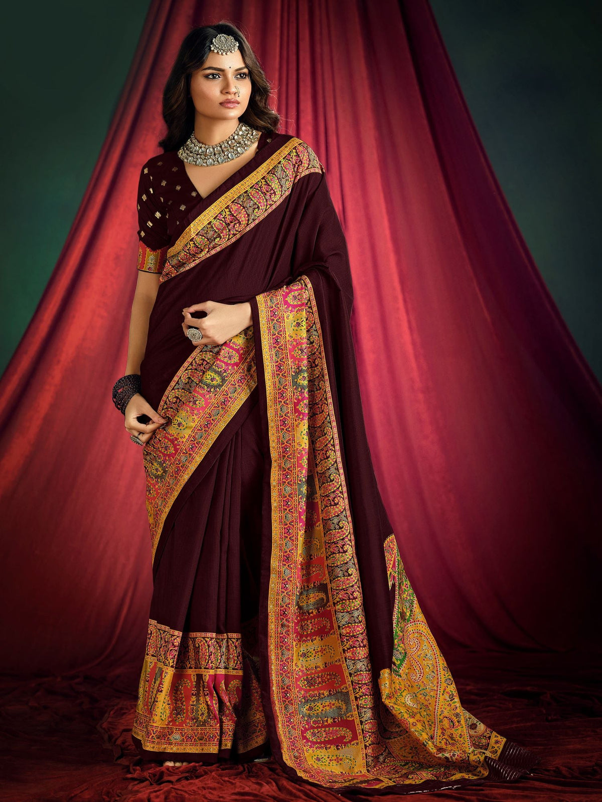 Wine Art Silk Digital Print Saree
