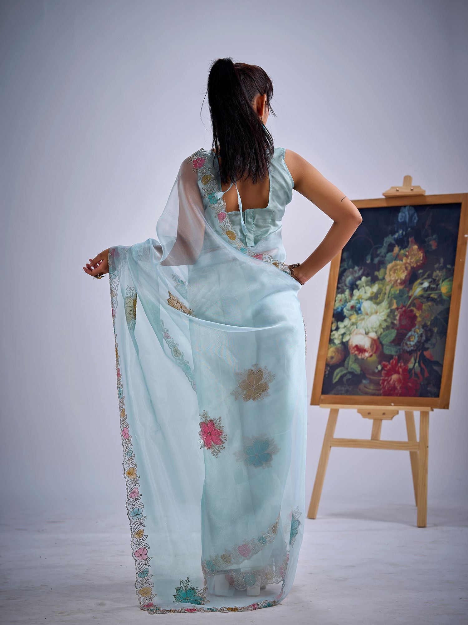 Organza Sky Blue Saree with Embroidery