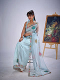 Organza Sky Blue Saree with Embroidery