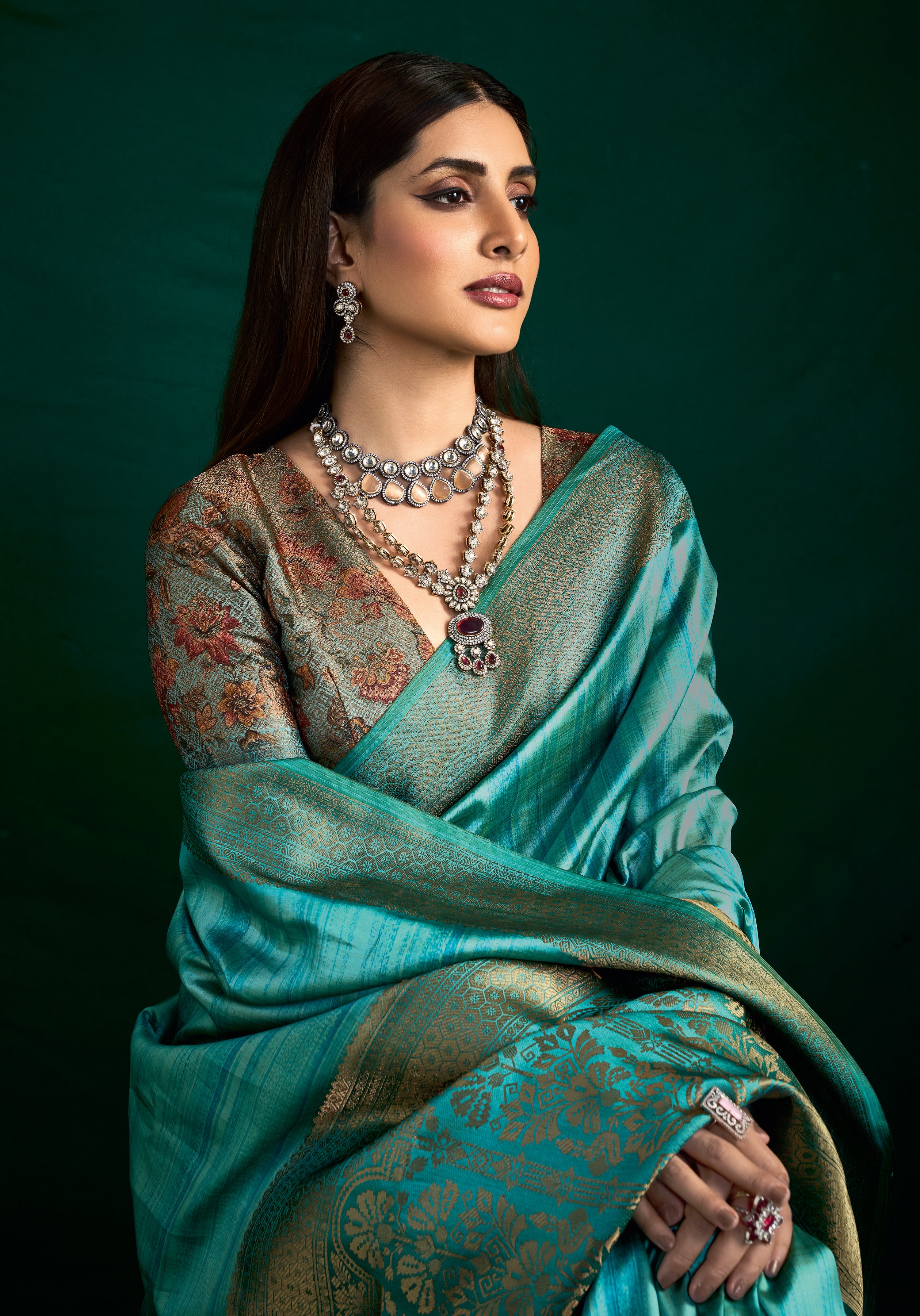 Turquoise Zari Woven Tussar Silk Saree