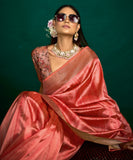 Peach Zari Woven Tussar Silk Saree