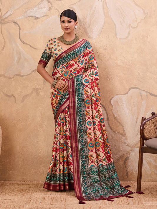 Beige Patola Print Art Silk Saree