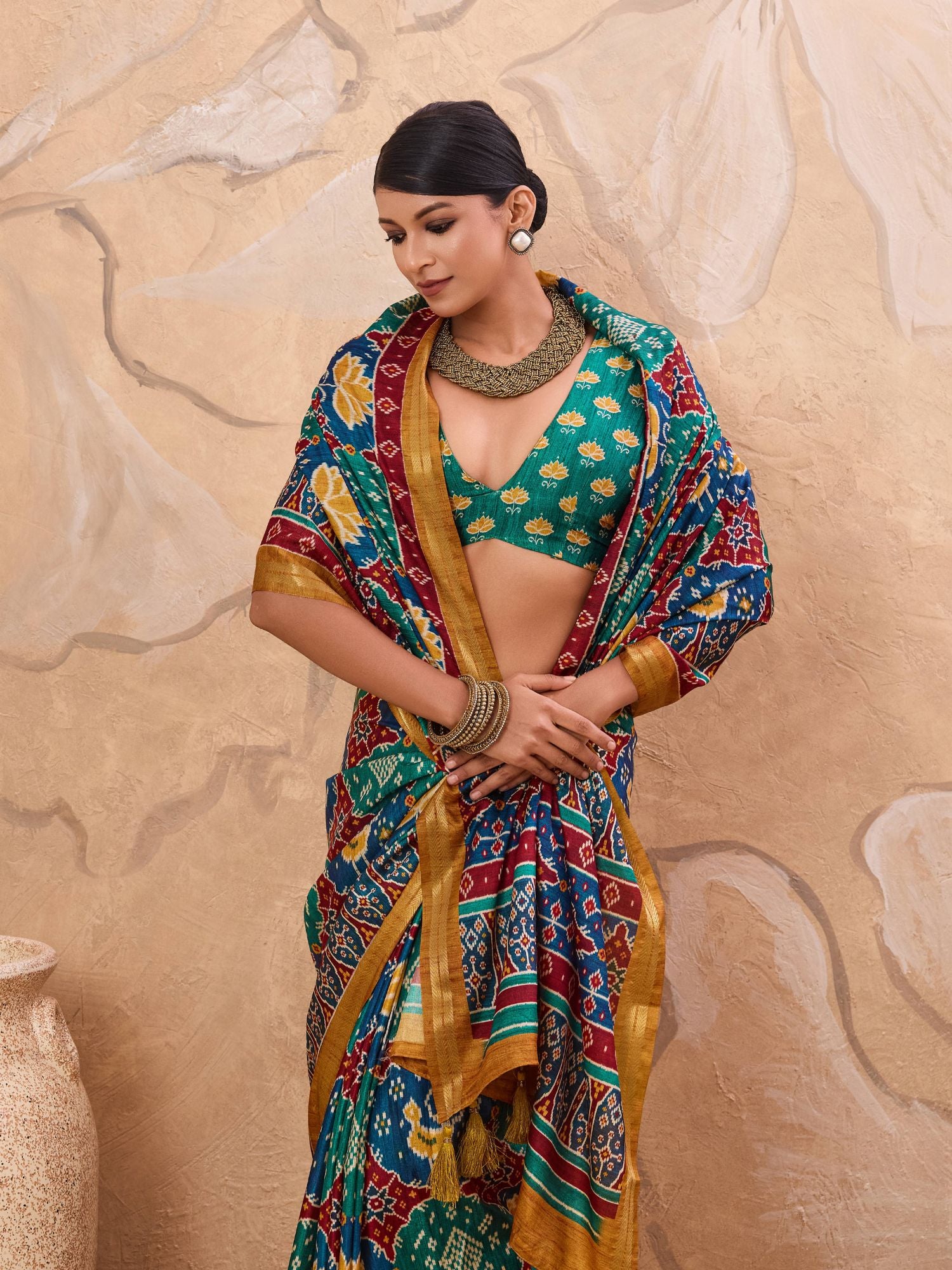 Teal Green Patola Print Art Silk