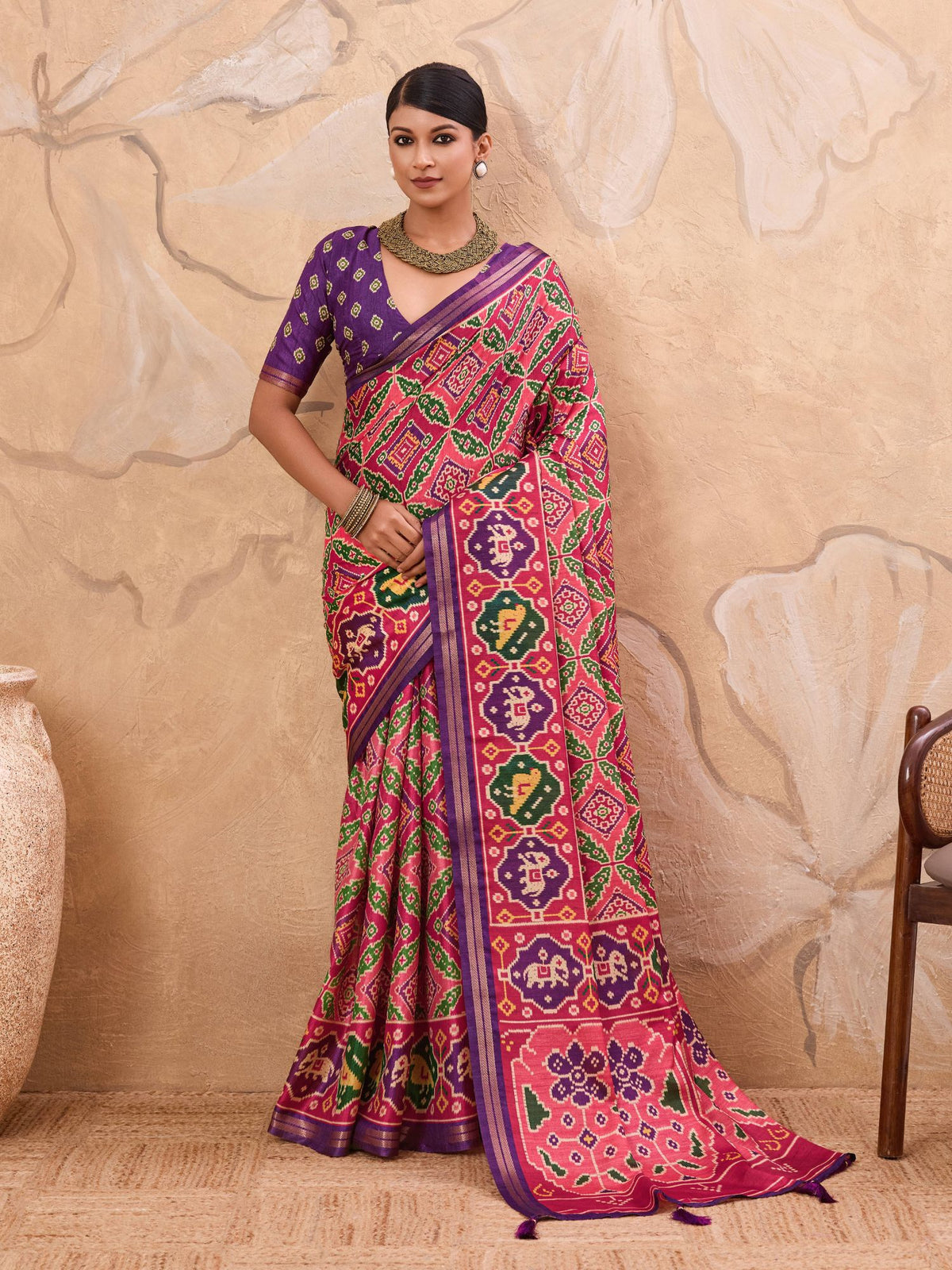 Peach Patola Print Art Slk Saree