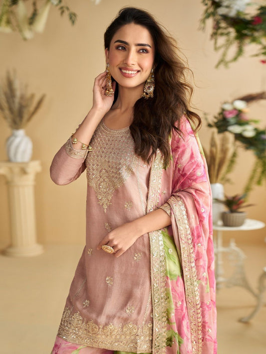 Pink Chinon Zari Embroidered Printed Sharara Suit