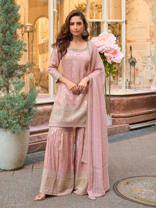 Pink Embroidered Art silk Sharara Suit