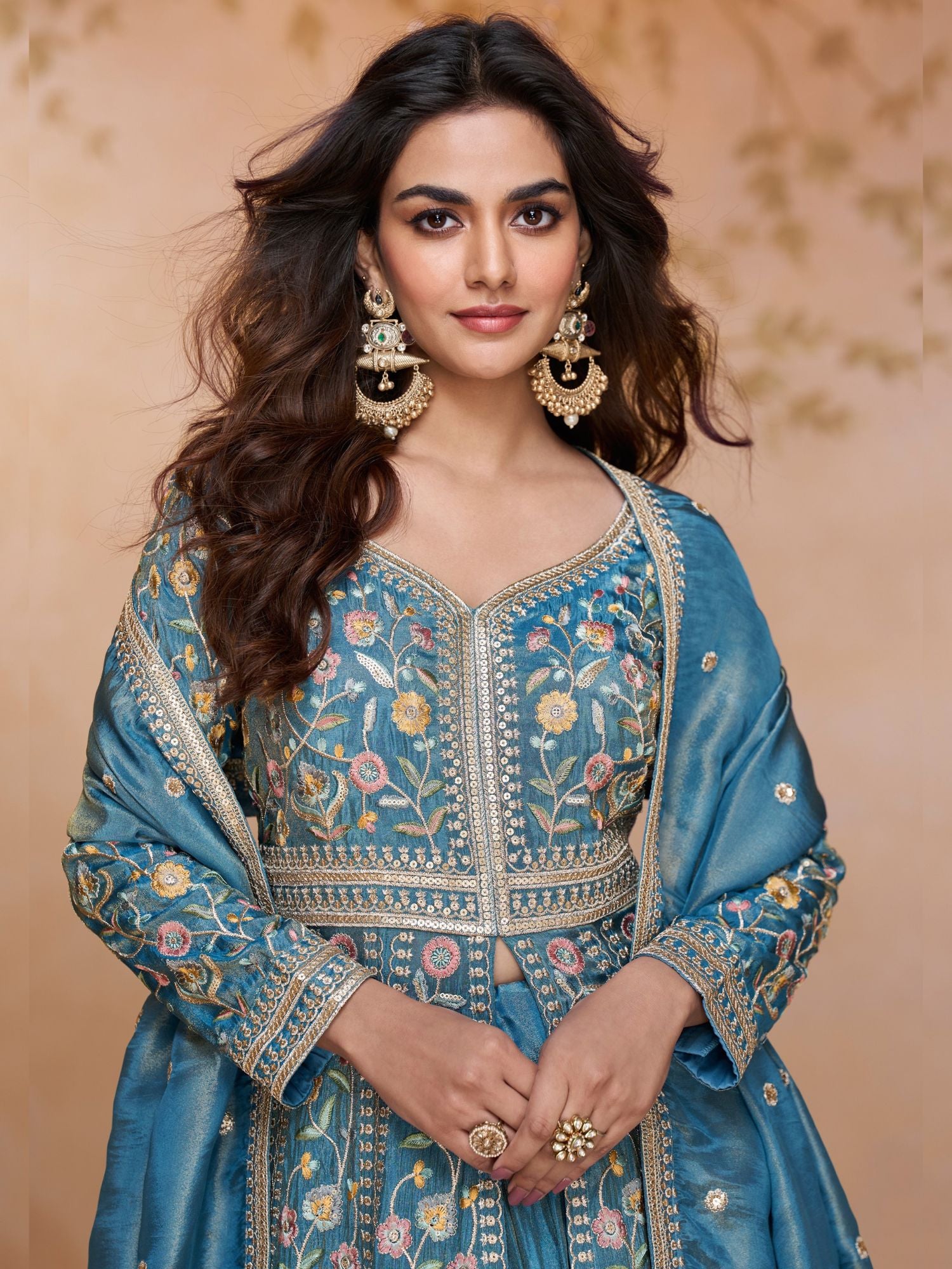 Festive Blue Embroidered  Kurta Palazzo Set