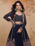 Navy Blue Embroidered Choli with Skirt & Jacket