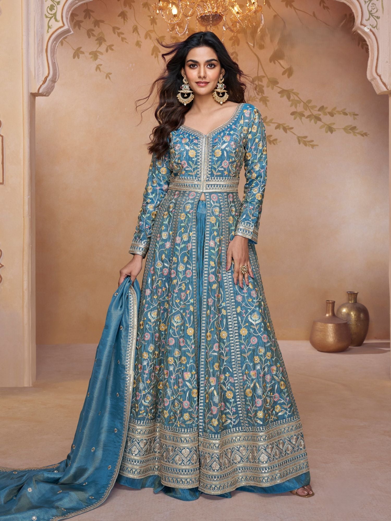 Festive Blue Embroidered  Kurta Palazzo Set