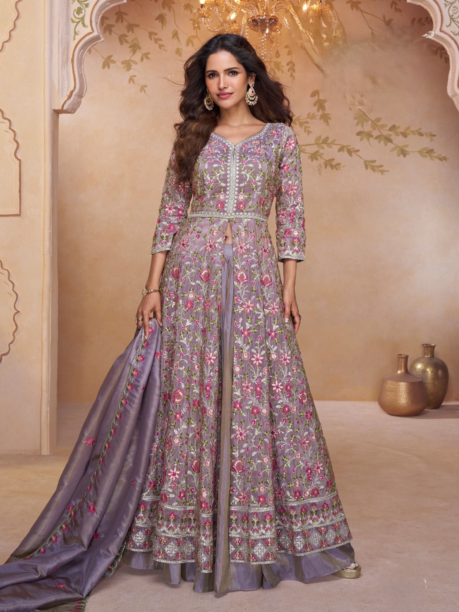 Mauve Embroidered Palazzo Set in Silk
