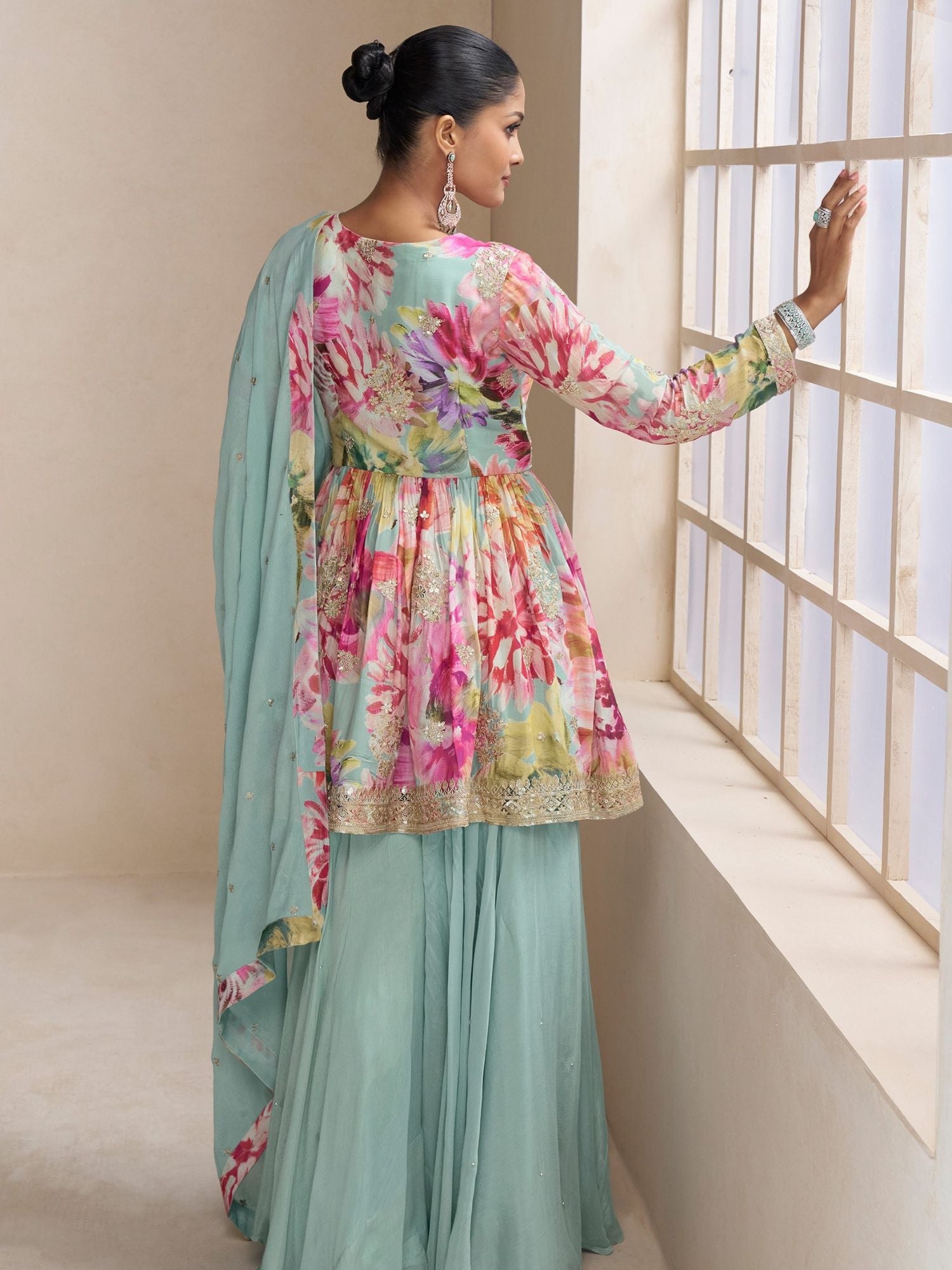 Digital Printed Embroidered Palazzo Suit in Sea Green