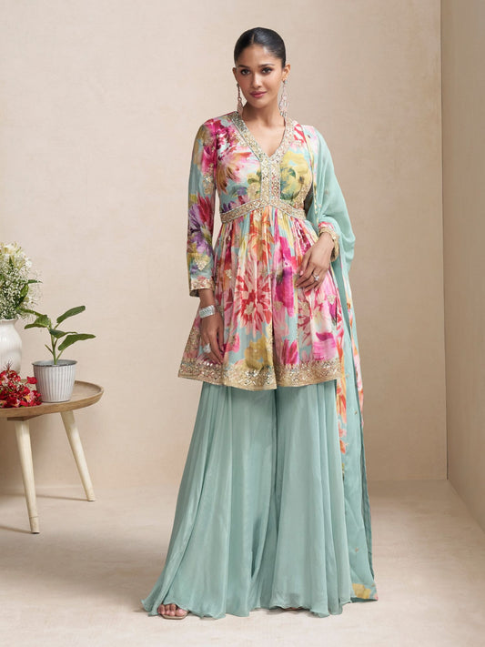 Digital Printed Embroidered Palazzo Suit in Sea Green