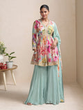 Digital Printed Embroidered Palazzo Suit in Sea Green