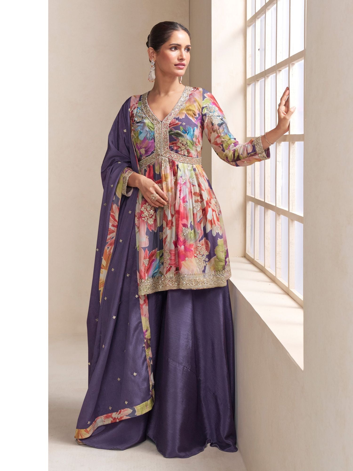 Purple Embroidered Palazzo Suit