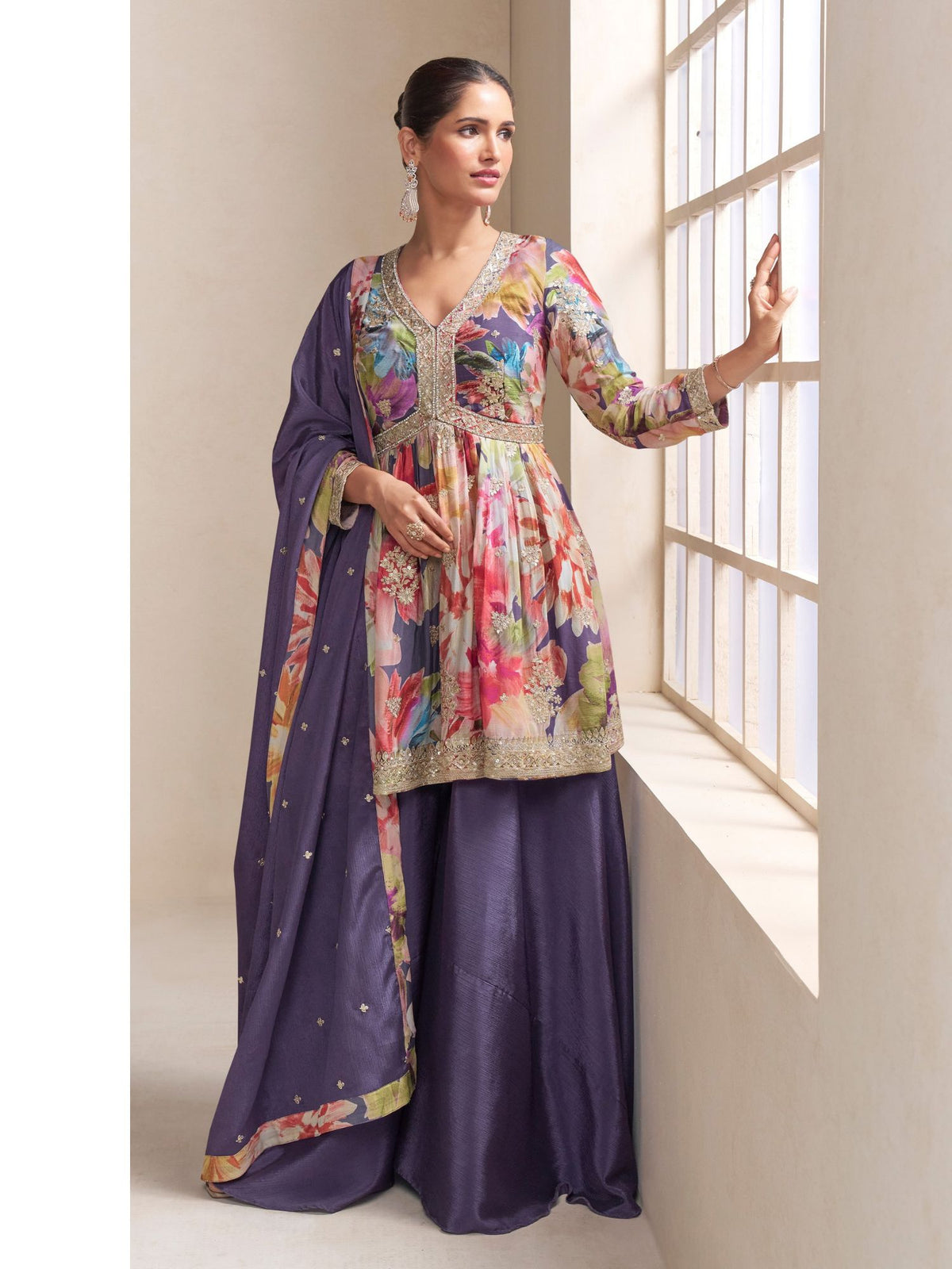 Purple Embroidered Palazzo Suit