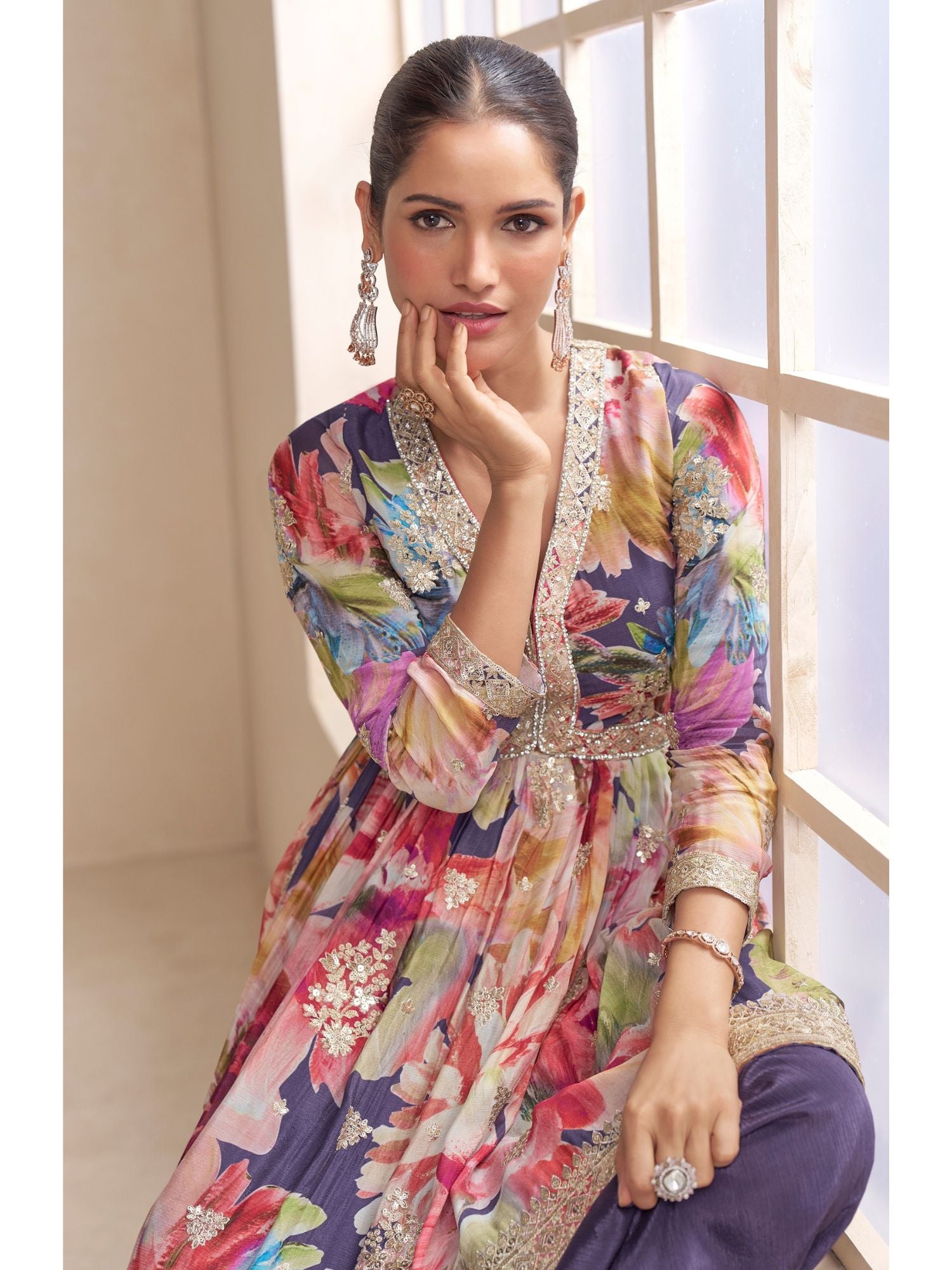 Purple Embroidered Palazzo Suit