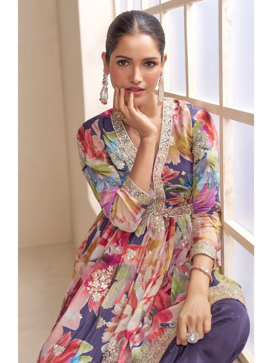 Purple Embroidered Palazzo Suit