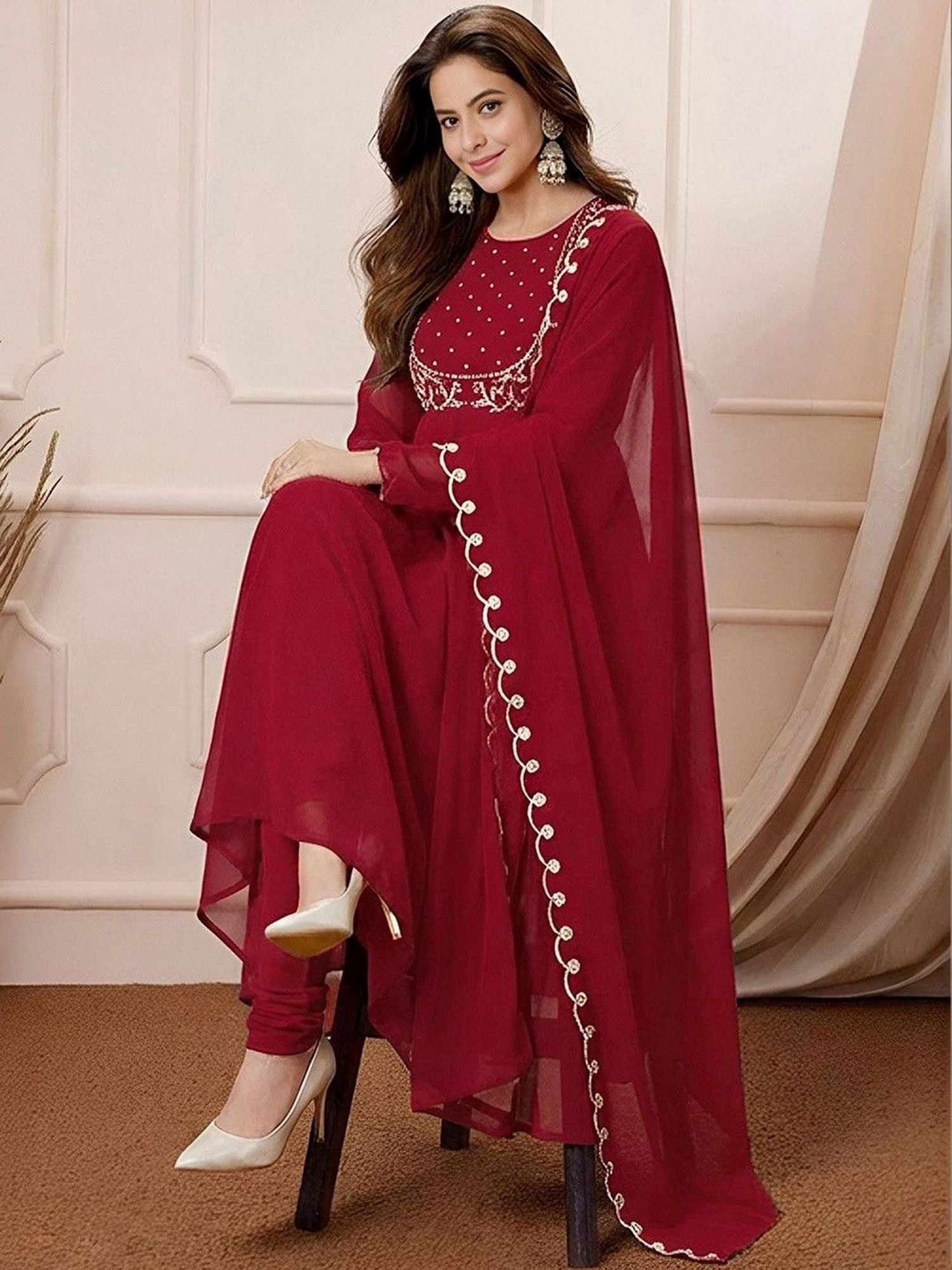 Red Elegance  Embroidered Georgette Anarkali Suit Set
