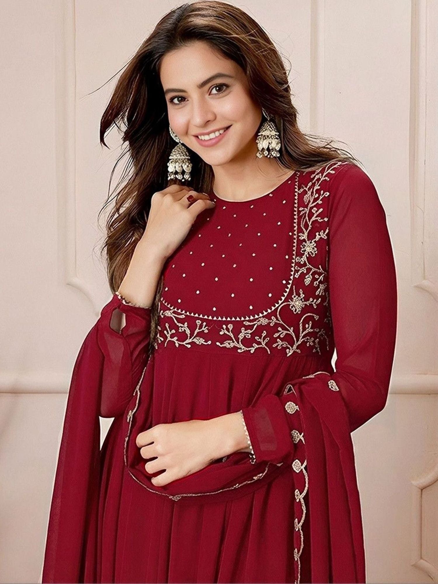 Red Elegance  Embroidered Georgette Anarkali Suit Set