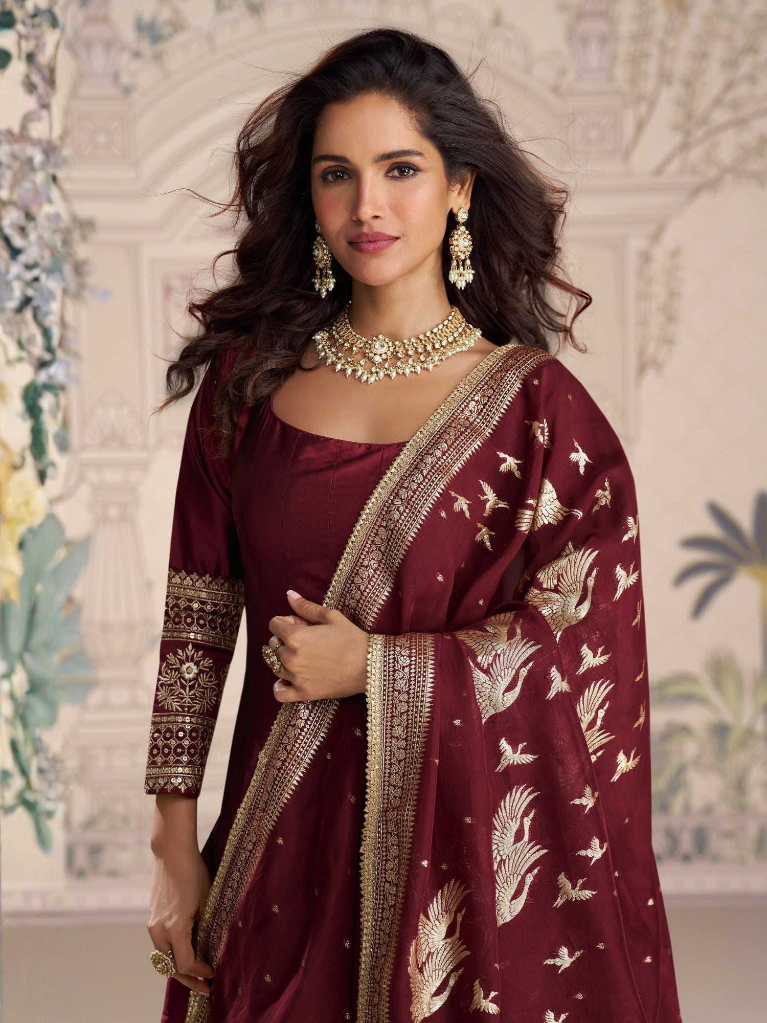 Maroon Anarkali Dupatta Set With Zari Detail
