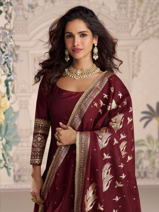Maroon Anarkali Dupatta Set With Zari Detail