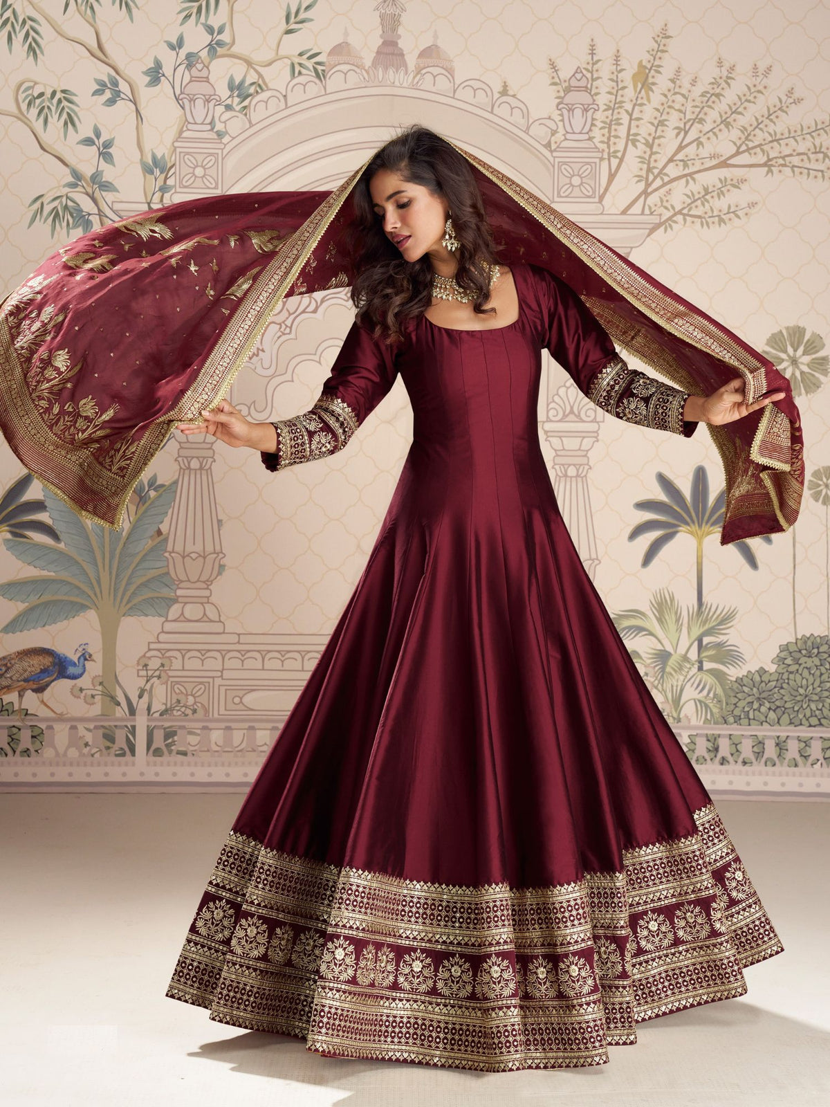 Maroon Anarkali Dupatta Set With Zari Detail