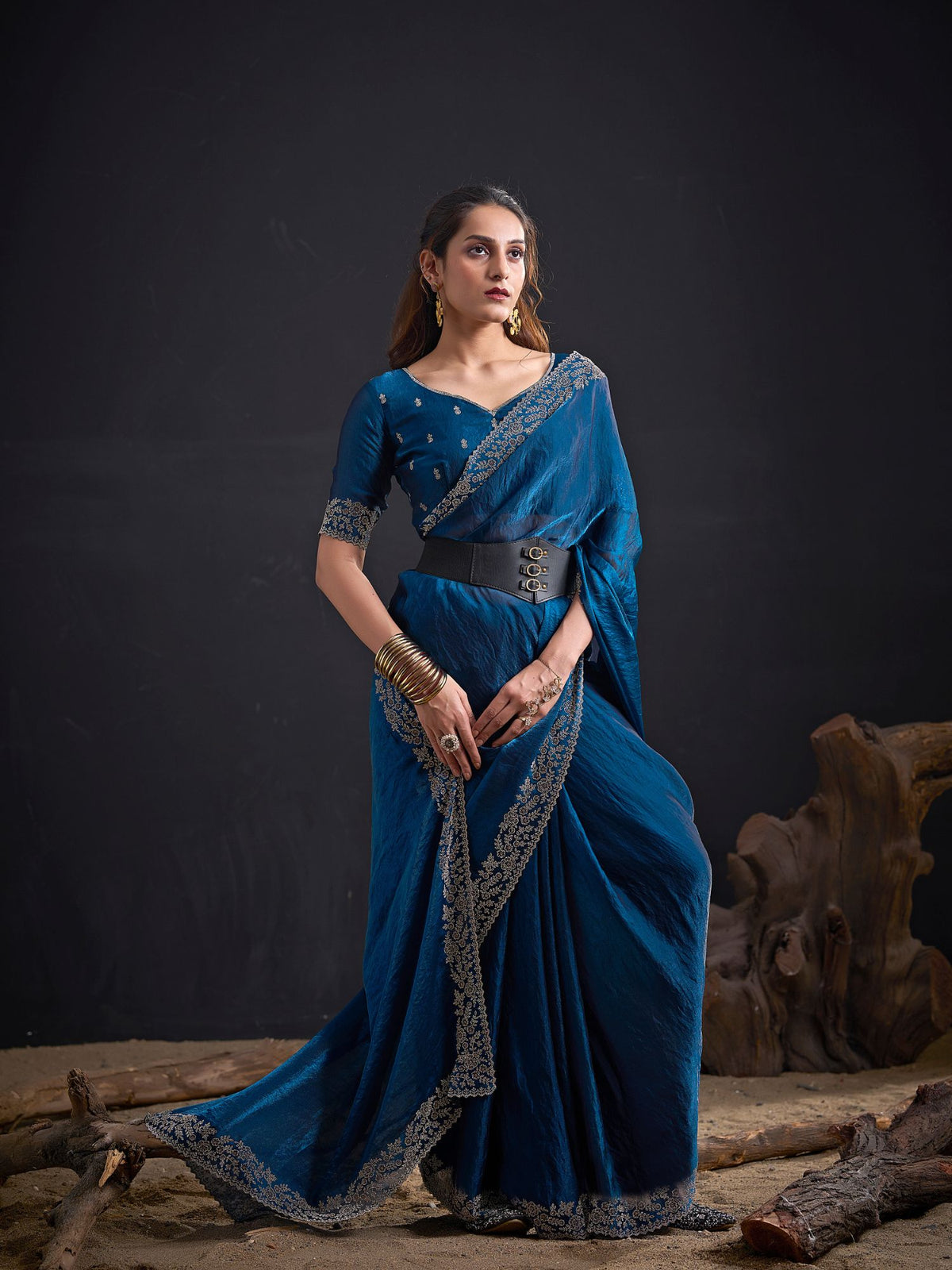 Royal Blue Art Silk Embroidered Saree with Belt