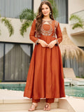 Rust Festive  Elegant Embroidered Art Silk Anarkali with Dupatta