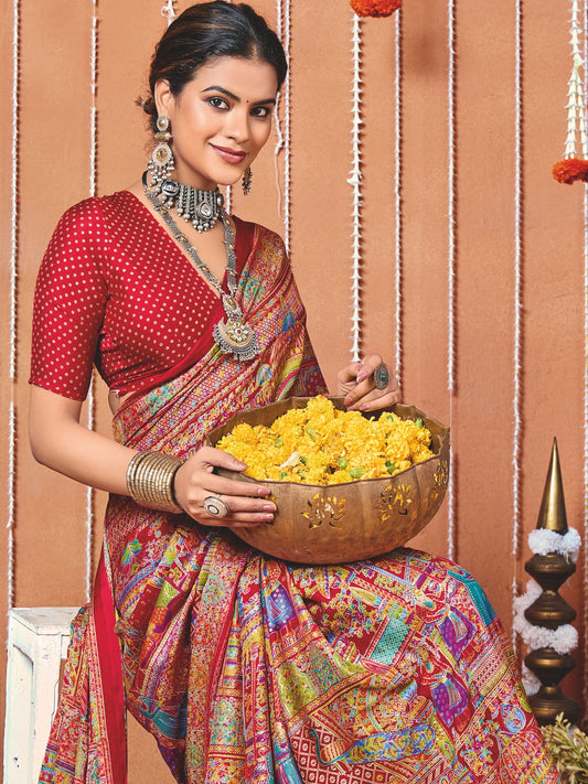 Red Festival Wear Printed Art Silk Saree