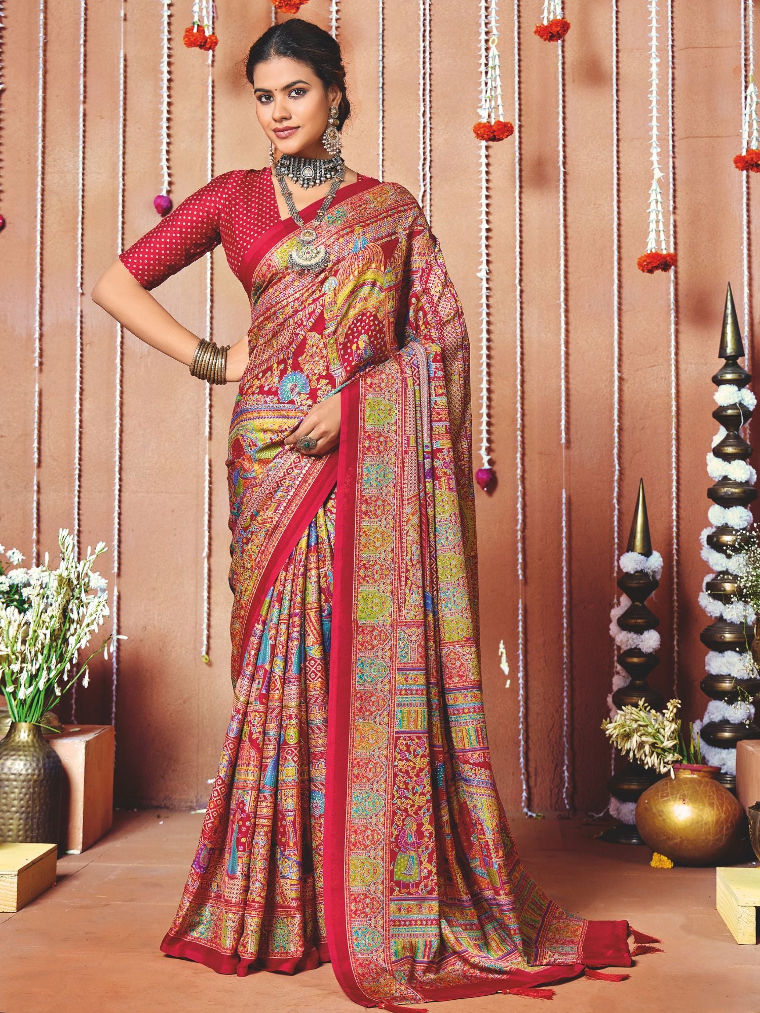 Red Festival Wear Printed Art Silk Saree