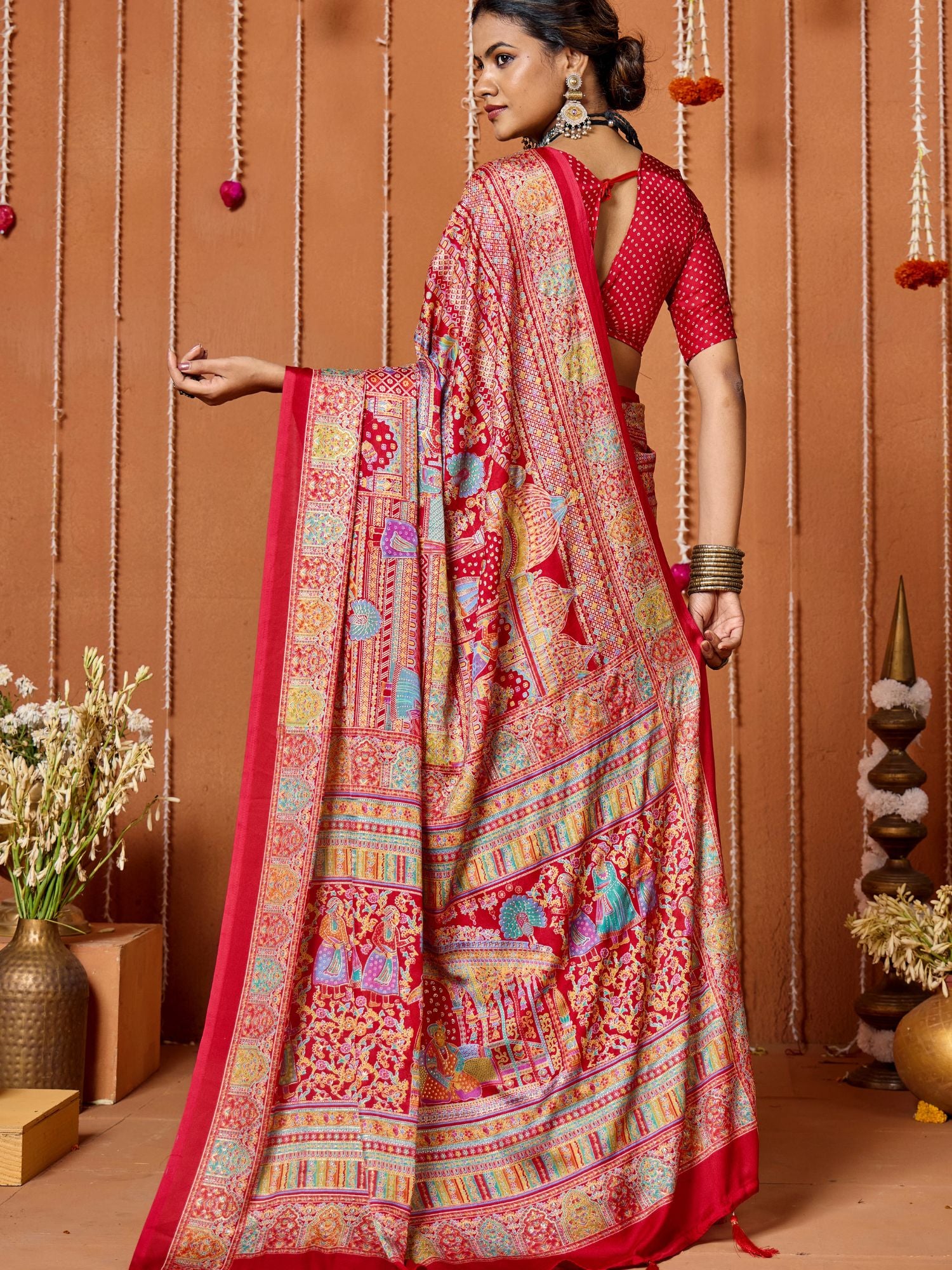 Red Festival Wear Printed Art Silk Saree