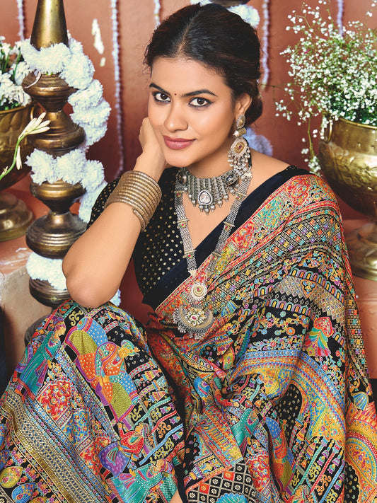 Black Festival Wear Art Silk Printed Saree