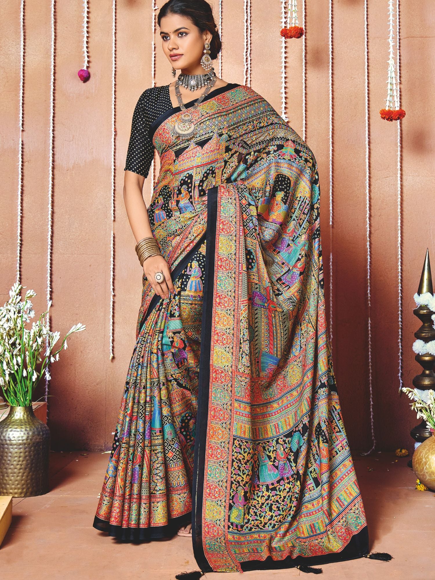 Black Festival Wear Art Silk Printed Saree