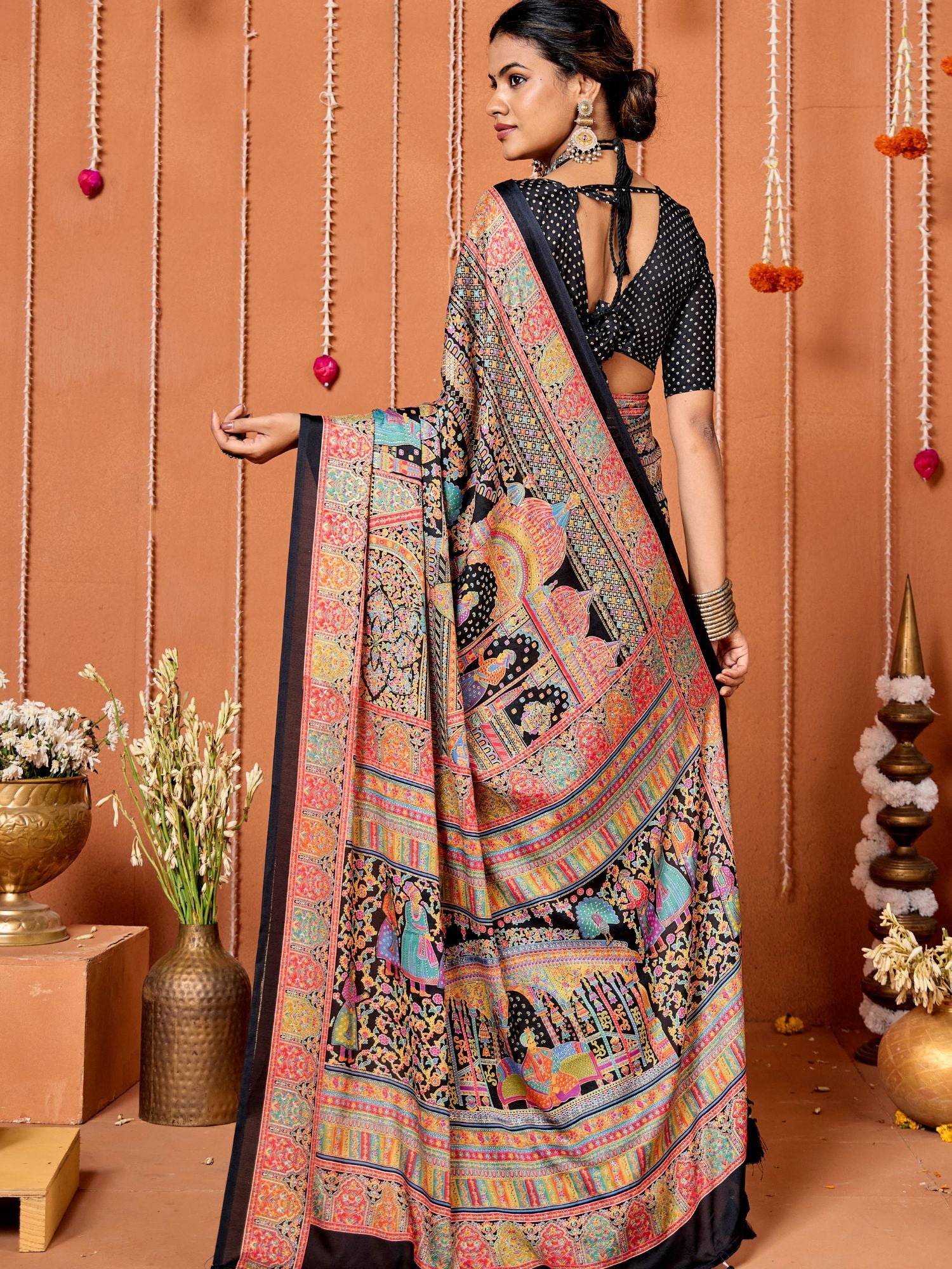 Black Festival Wear Art Silk Printed Saree