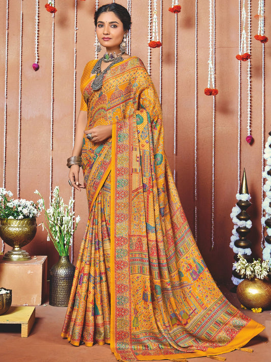 Yellow Printed Art Silk Festive Wear Saree