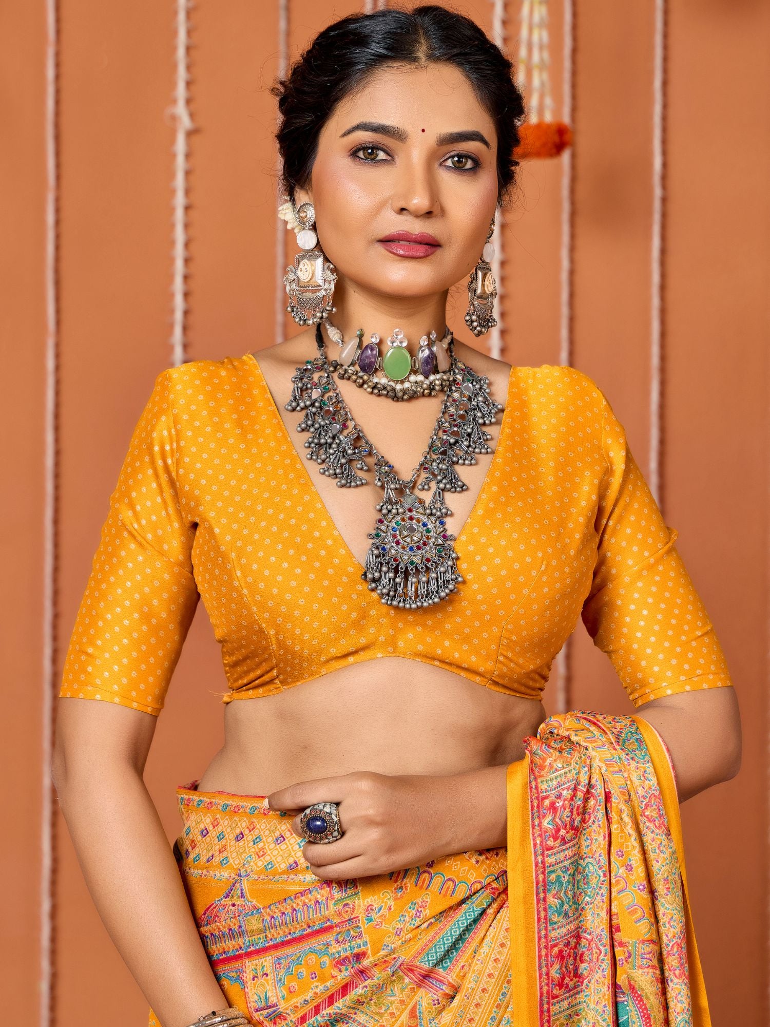 Yellow Printed Art Silk Festive Wear Saree