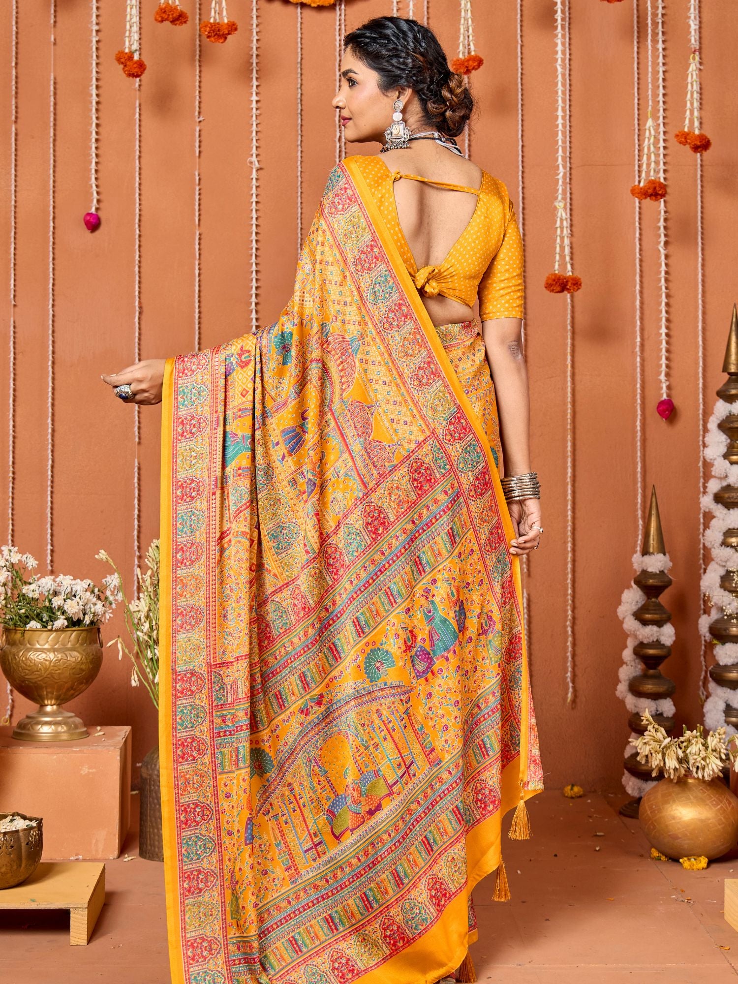 Yellow Printed Art Silk Festive Wear Saree