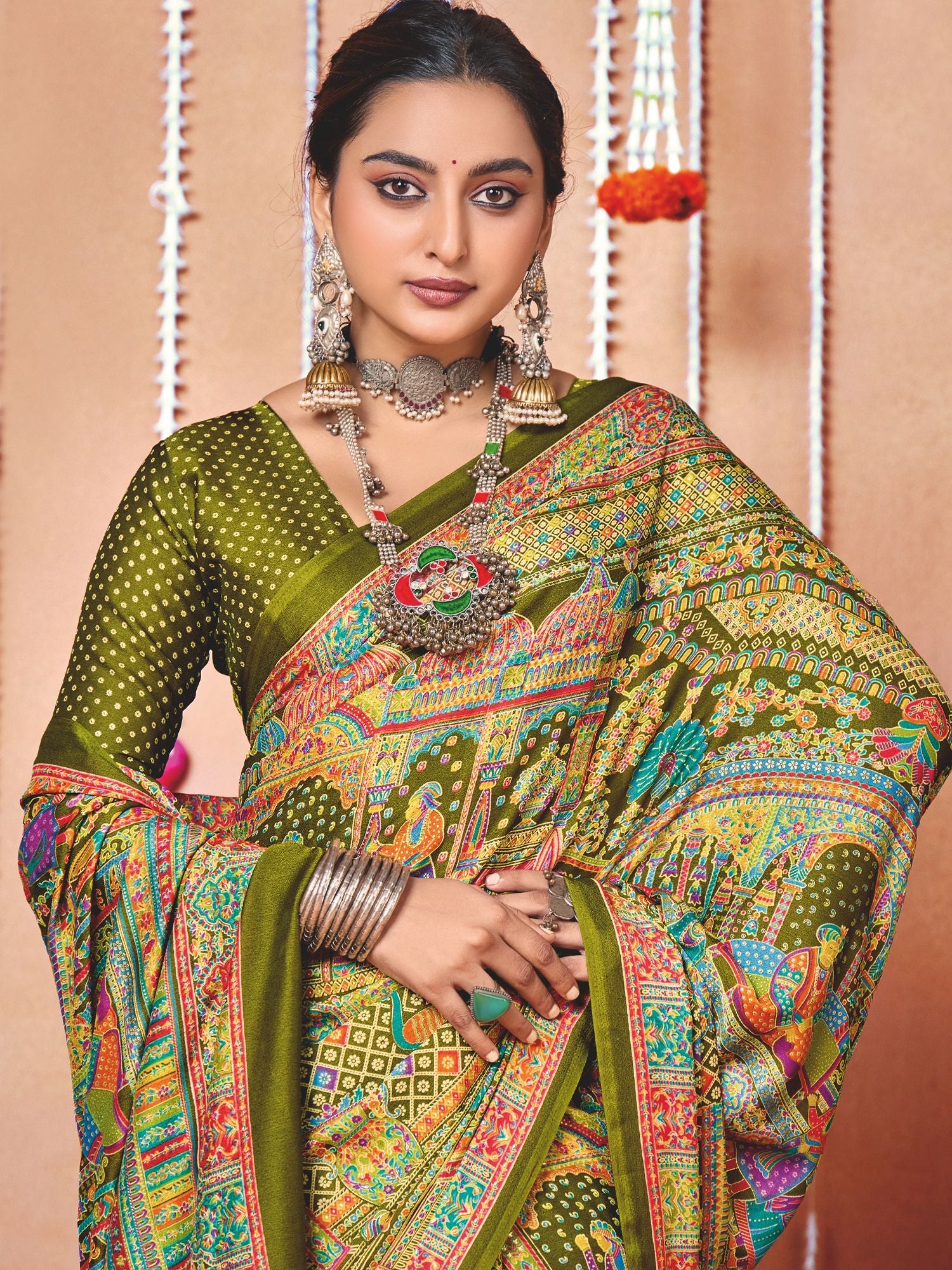 Olive Green Ethnic Print Art Silk Saree
