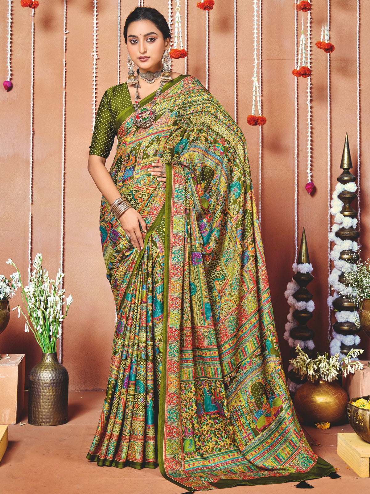 Olive Green Ethnic Print Art Silk Saree