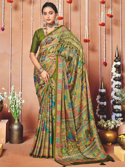Olive Green Ethnic Print Art Silk Saree