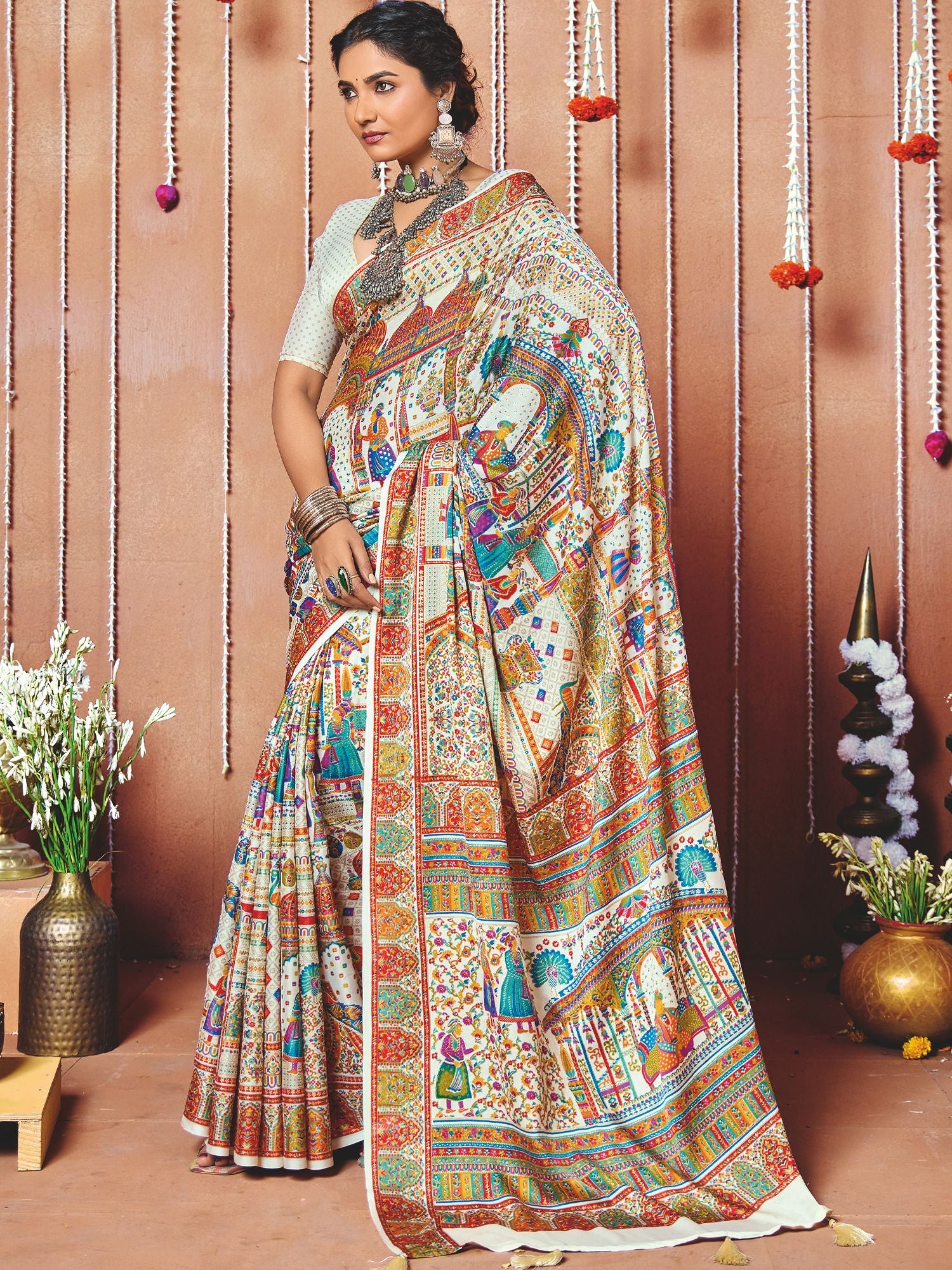 Cream Art Silk Festive Wear Saree